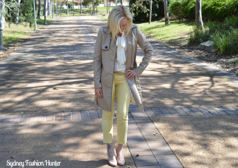 Sydney Fashion Hunter OOTD - Yellow Ankle Pants, Ivory Blouse, H&M Trench Coast, Nude Pumps