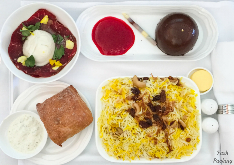 Fash Packing: Emirates A380 Business Class Review - Chicken Biryani Lunch