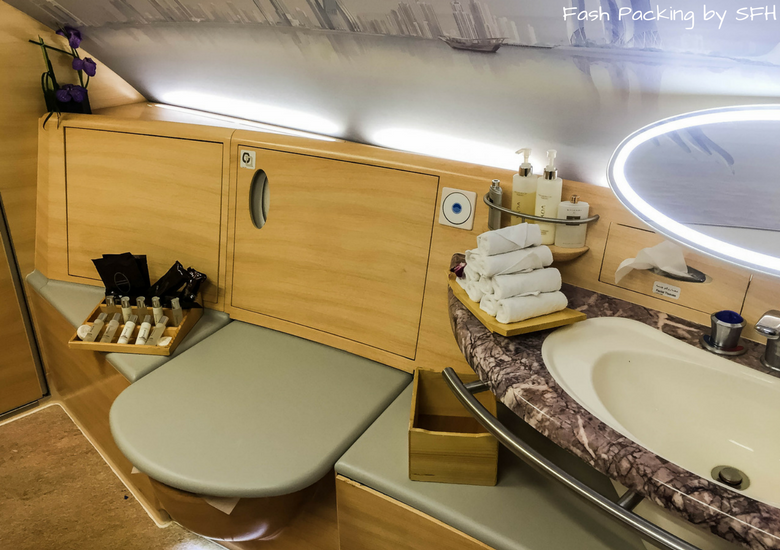 Fash Packing by SFH: Emirates A380 First Class Review EK419 Auckland to Sydney - Emirates First Class Bathroom