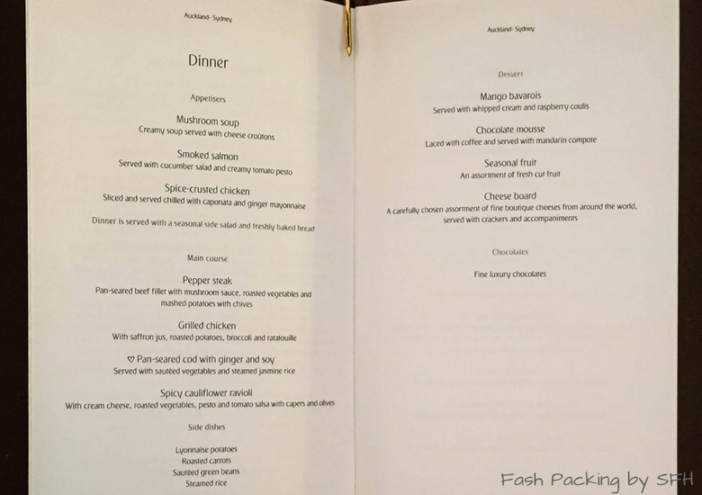 Fash Packing by SFH: Emirates A380 First Class Review EK419 Auckland to Sydney - Dinner Menu