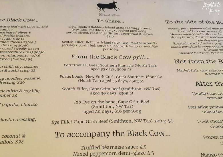 Flights To Fancy: Black Cow Bistro Launceston Australia's Best Steak? - Menu