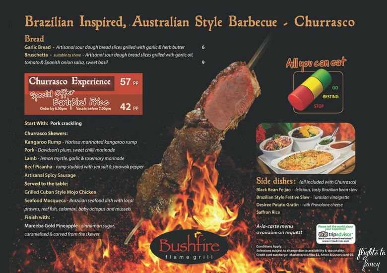 Flights To Fancy: Bushfire Flame Grill Cairns - Menu