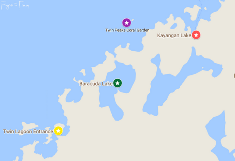 Coron Island Hopping Map - Kayangan Lake, Barracuda Lake, Twin Peaks & Twin Lagoon