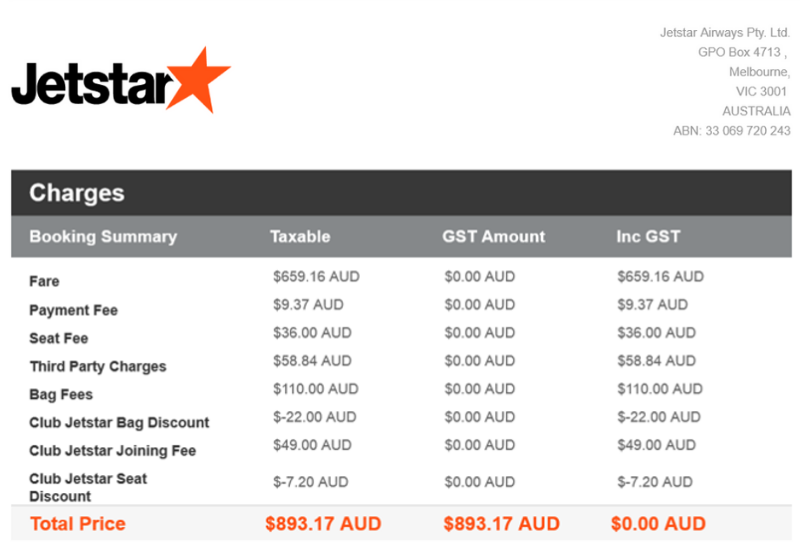 Jetstar Flight to Honolulu Tax Invoice