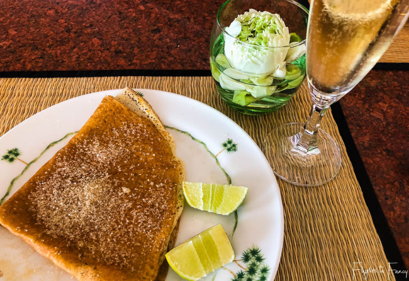 Crepes and champagne for Breakfast in Phnom Penh @ Raffles Hotel Le Royal